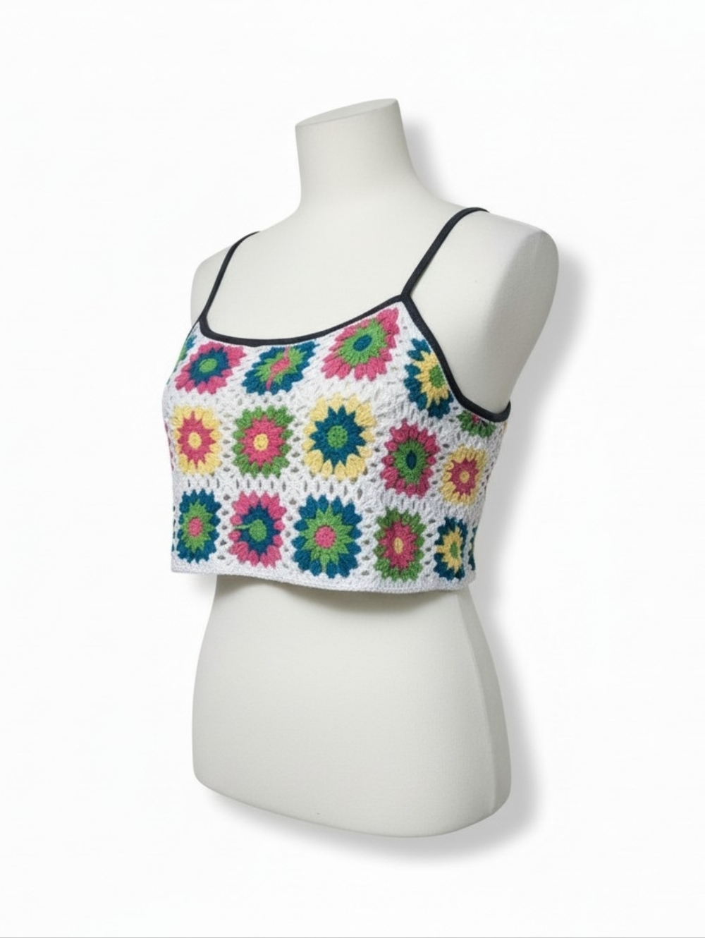 Crochet Floral Square Pattern Crop Top - White with Multi Color Flowers